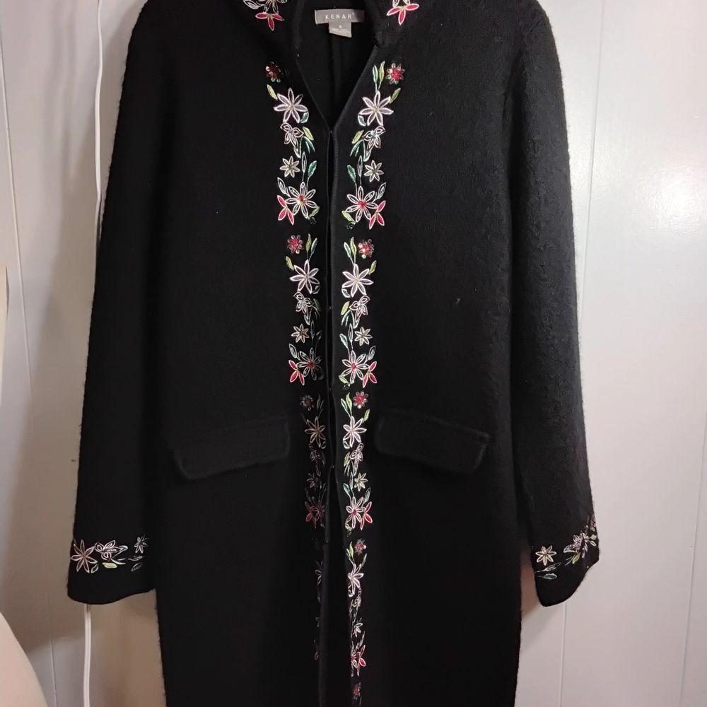 Kenar Black Coat with Colorful Floral Embroidery
